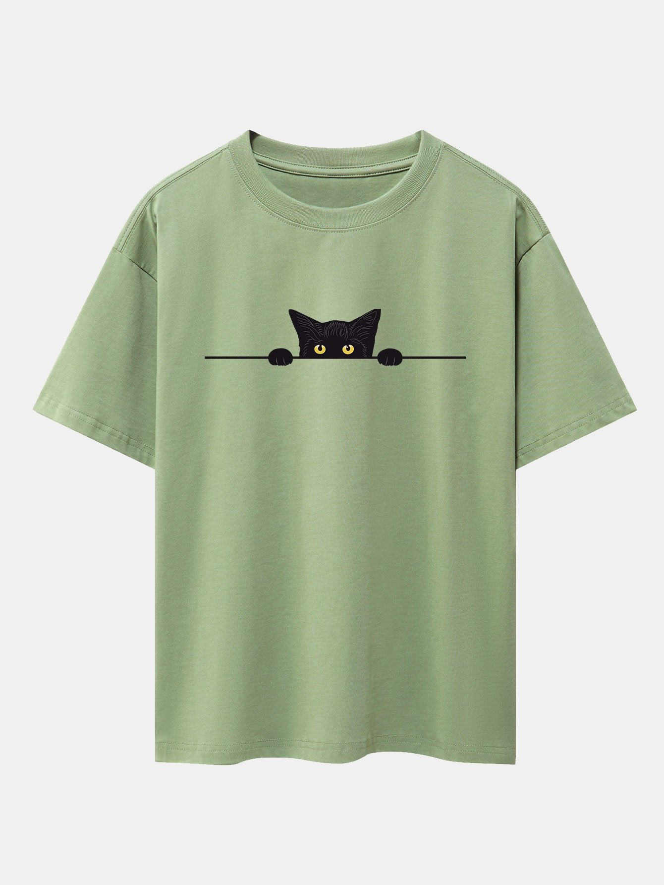 Oversized Drop Shoulder T-Shirt with Black Cat Print