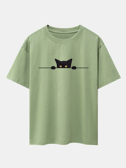 Oversized Drop Shoulder T-Shirt with Black Cat Print