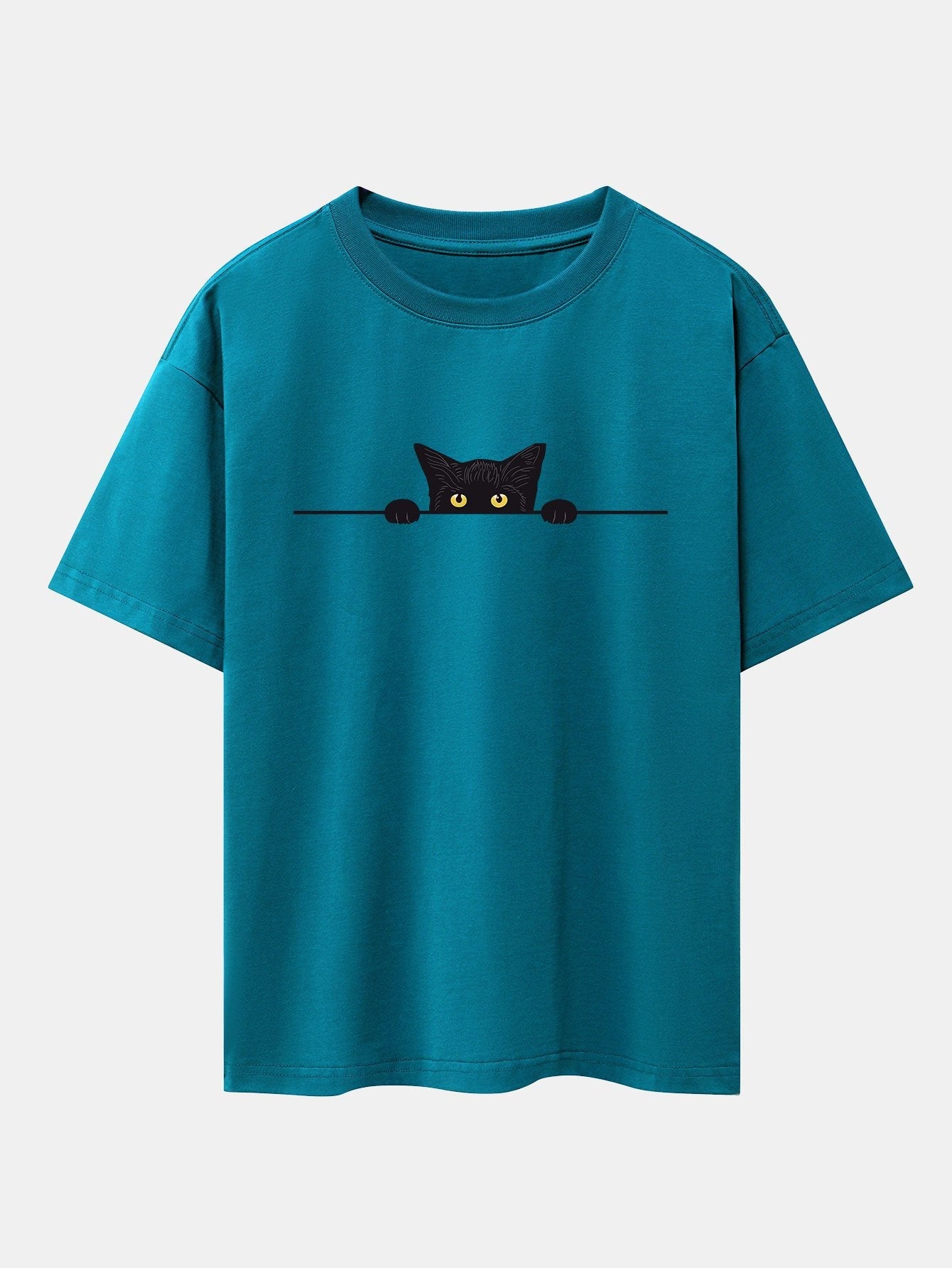 Oversized Drop Shoulder T-Shirt with Black Cat Print