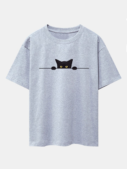 Oversized Drop Shoulder T-Shirt with Black Cat Print