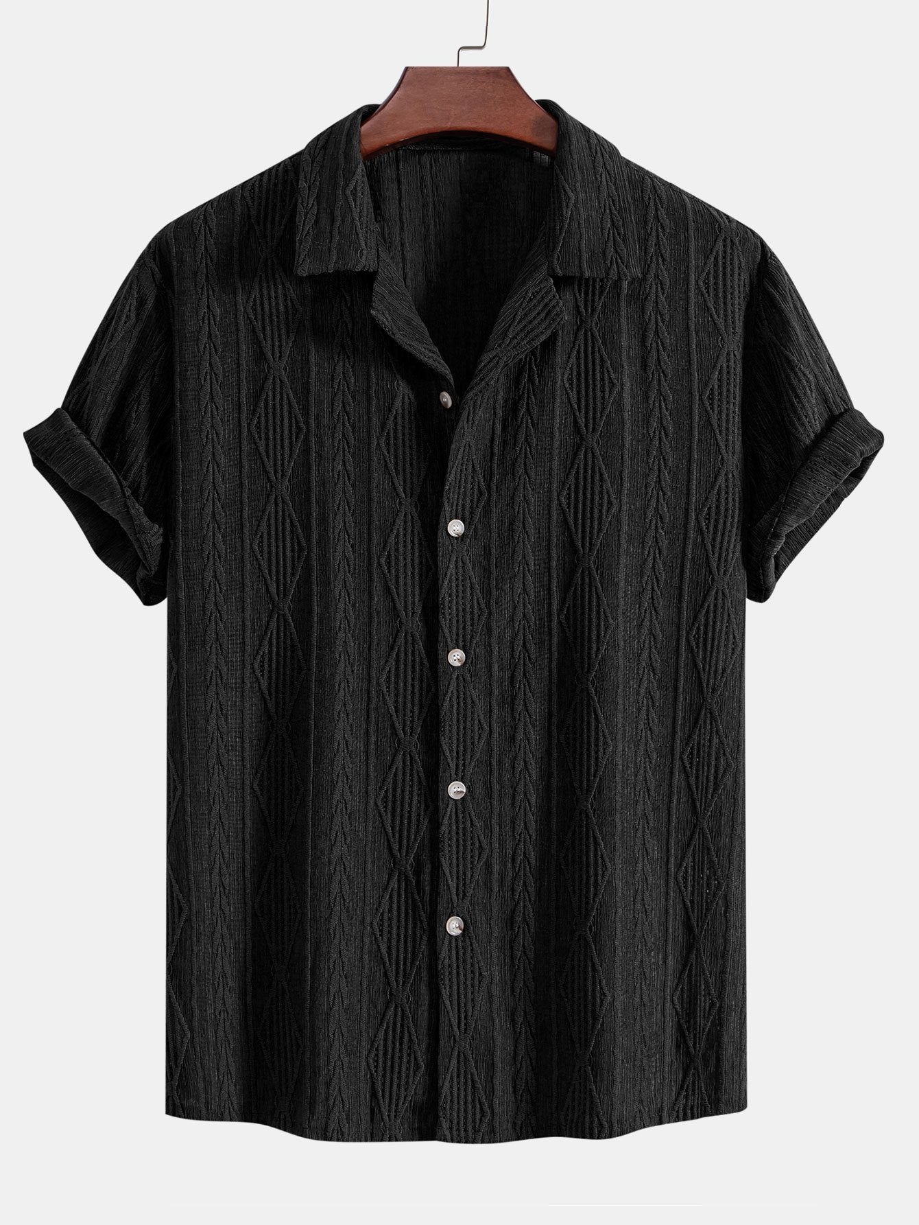 Geometrisches Jacquard-Cuban-Shirt mit gerader Leinenhose