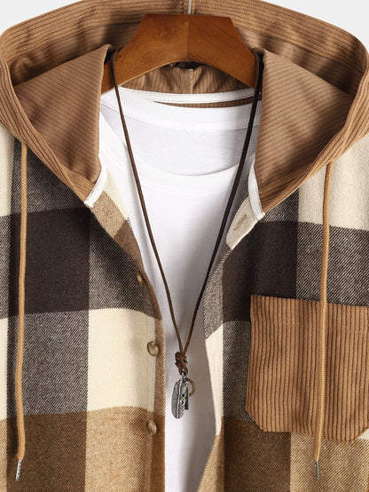 Gemütliches Flanell-Karo Corduroy Patchwork Hoodie