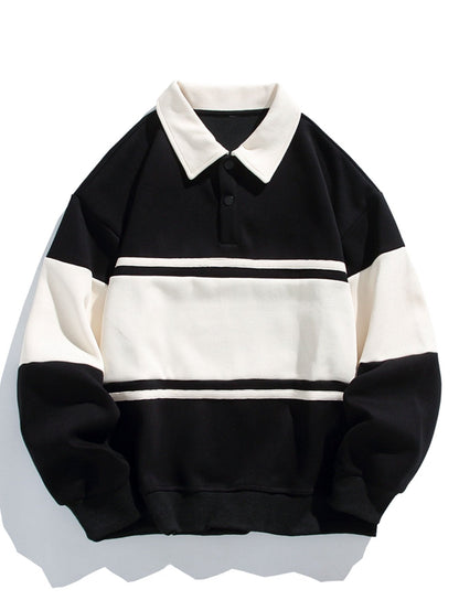 Casual Colorblock Patchwork Polo Sweatshirt