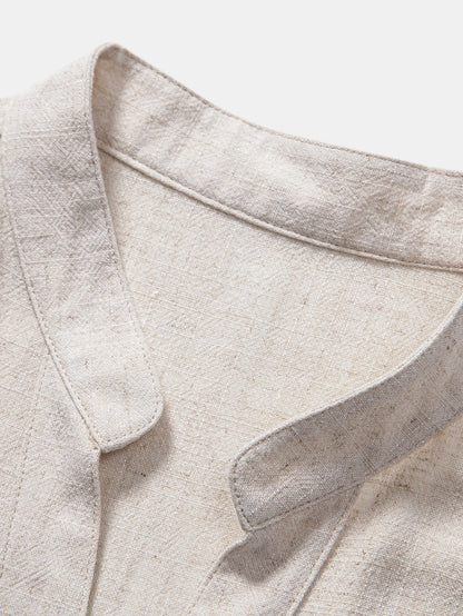 V-Neck Leinen-Rayon-Hemd & Gerade Leinenhose