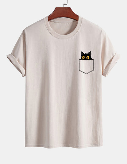 Schwarzes Baumwoll-T-Shirt mit regulärer Passform und Katzenmotiv