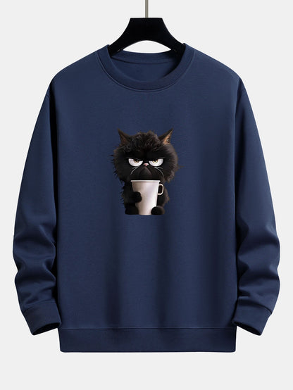 Relaxed Fit Sweatshirt mit Druck einer trinkenden schwarzen Katze