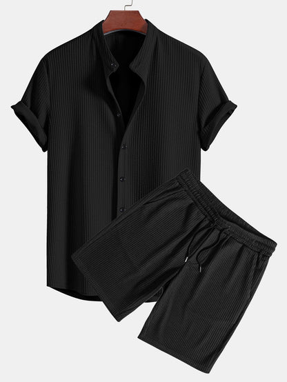 Muscle Fit Ribbed Collar Shirt & Shorts Set