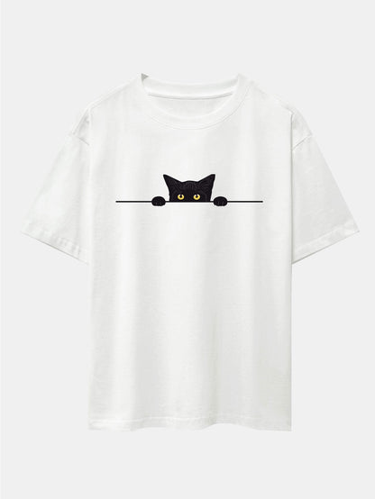Oversized Drop Shoulder T-Shirt with Black Cat Print