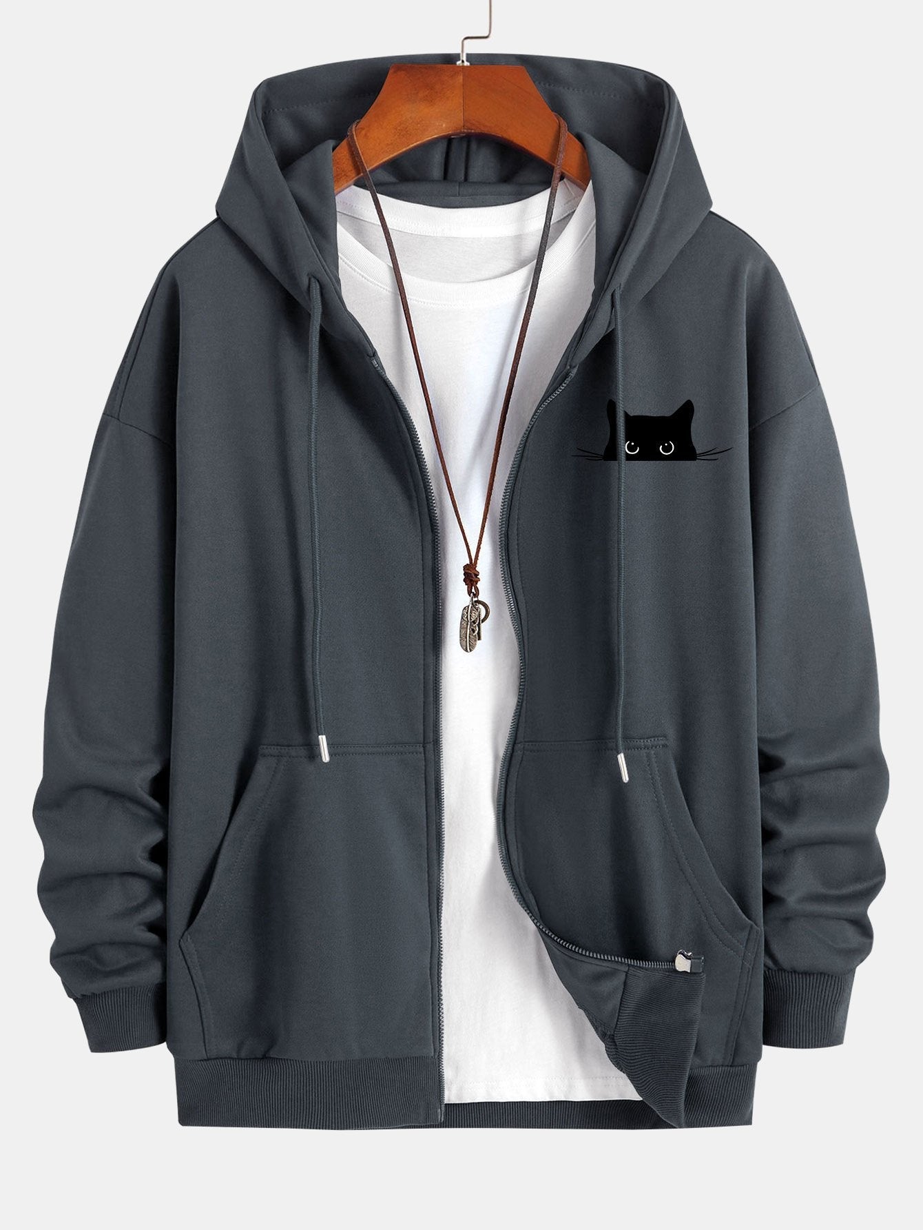 Relaxed Fit Zip Hoodie with Black Cat Print