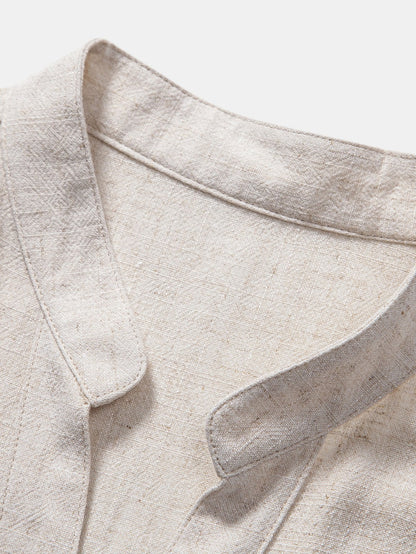 Kurzes V-Ausschnitt Hemd aus Leinen-Rayon-Mischung