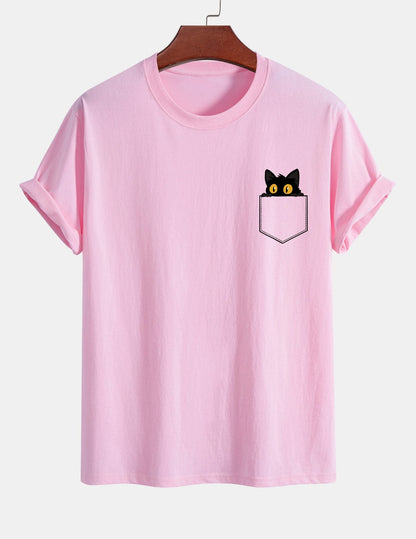 Schwarzes Baumwoll-T-Shirt mit regulärer Passform und Katzenmotiv