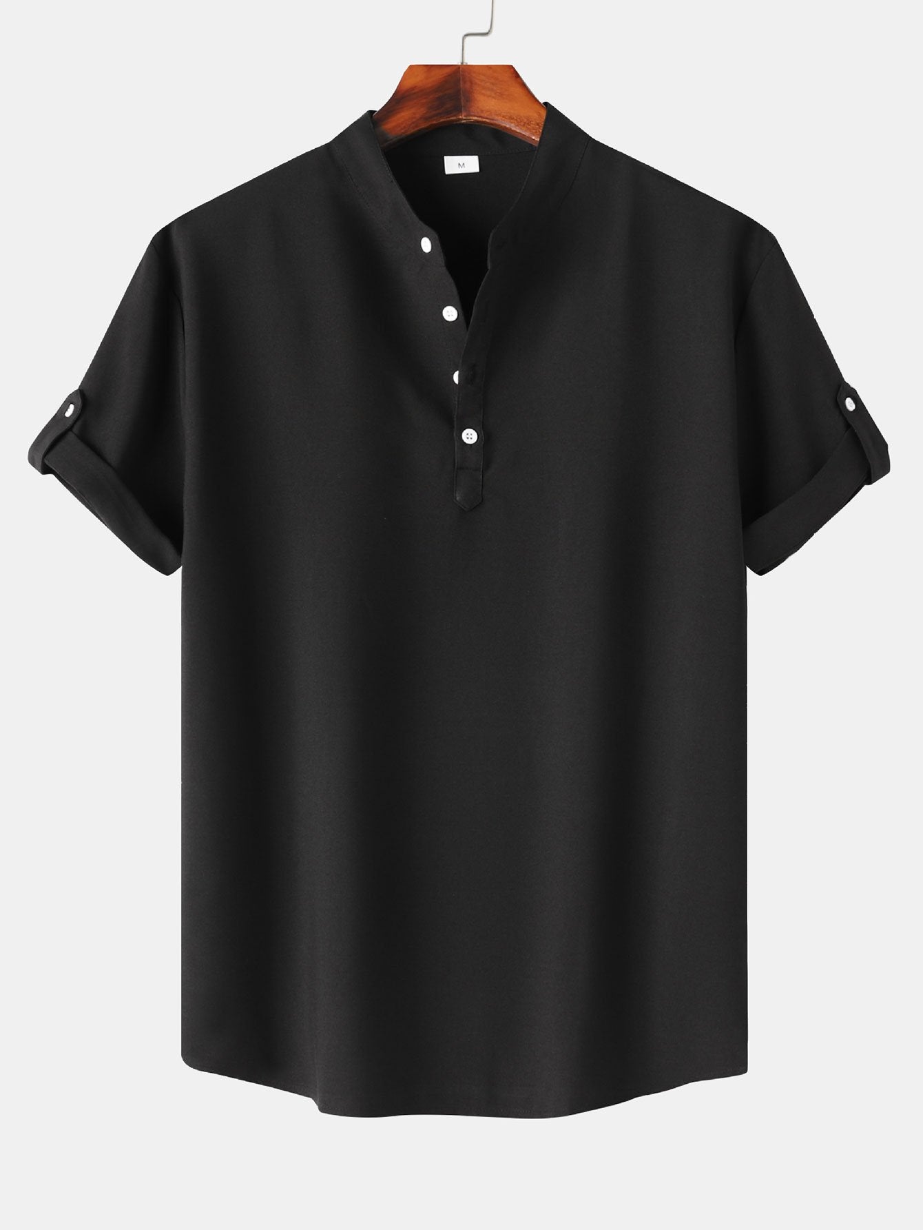 Kurze Ärmel Leinen-Optik Henley-Shirt
