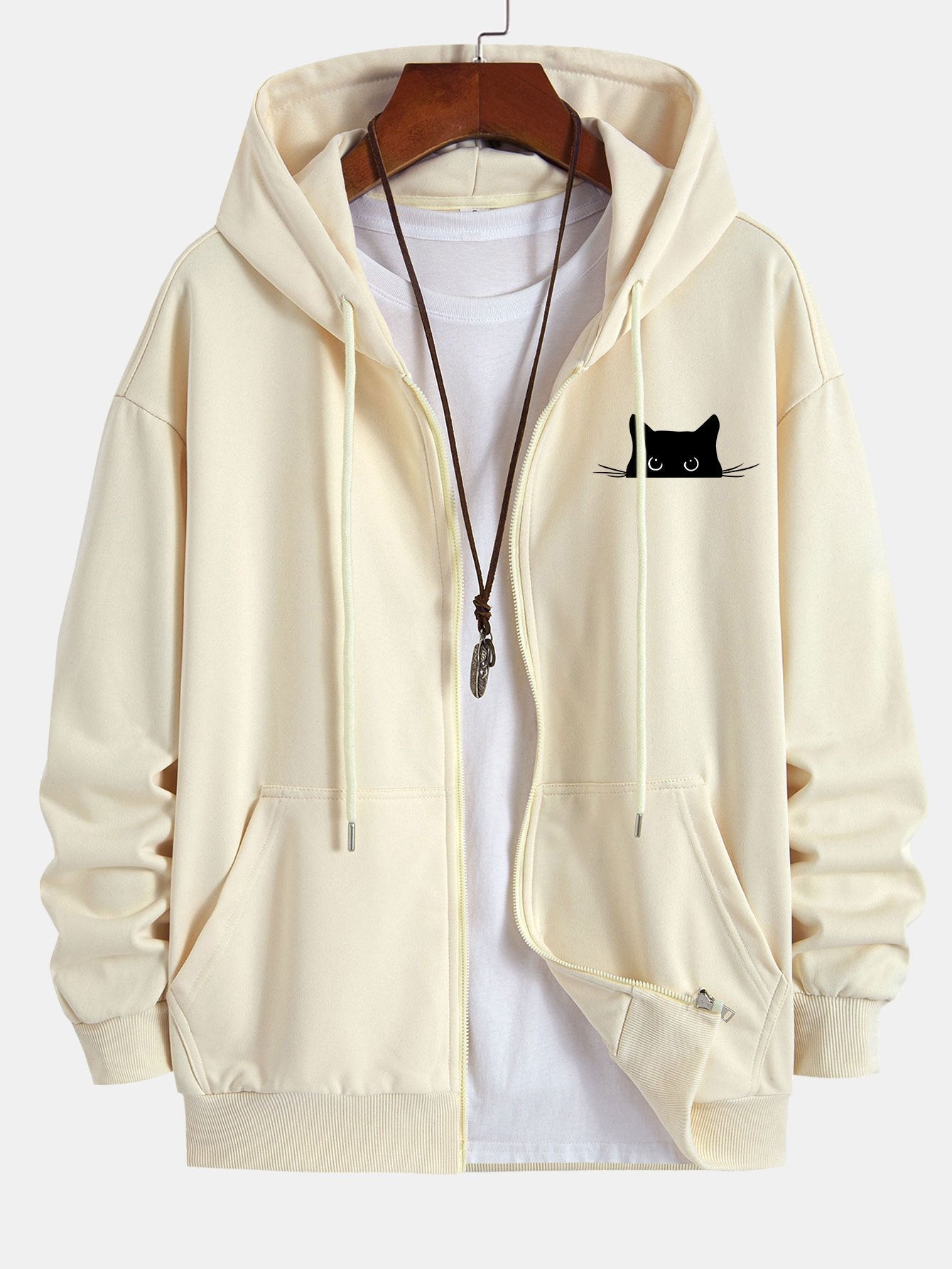 Relaxed Fit Zip Hoodie with Black Cat Print