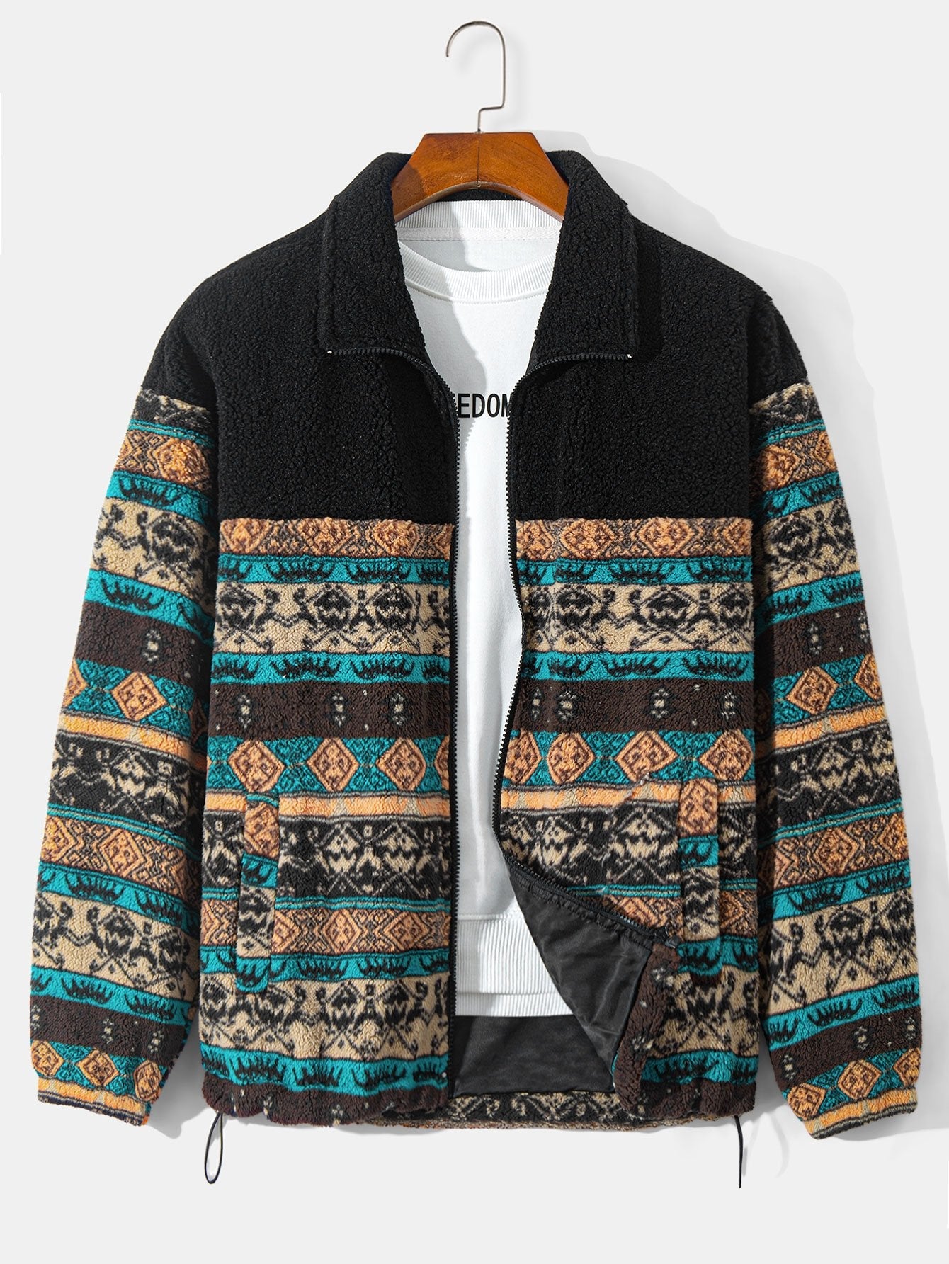 Ethnic Print Teddy Fleece Coat