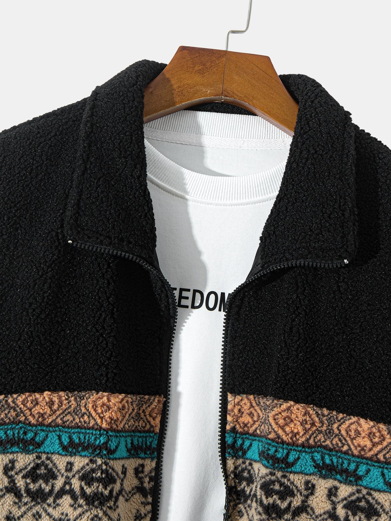 Ethnic Print Teddy Fleece Coat