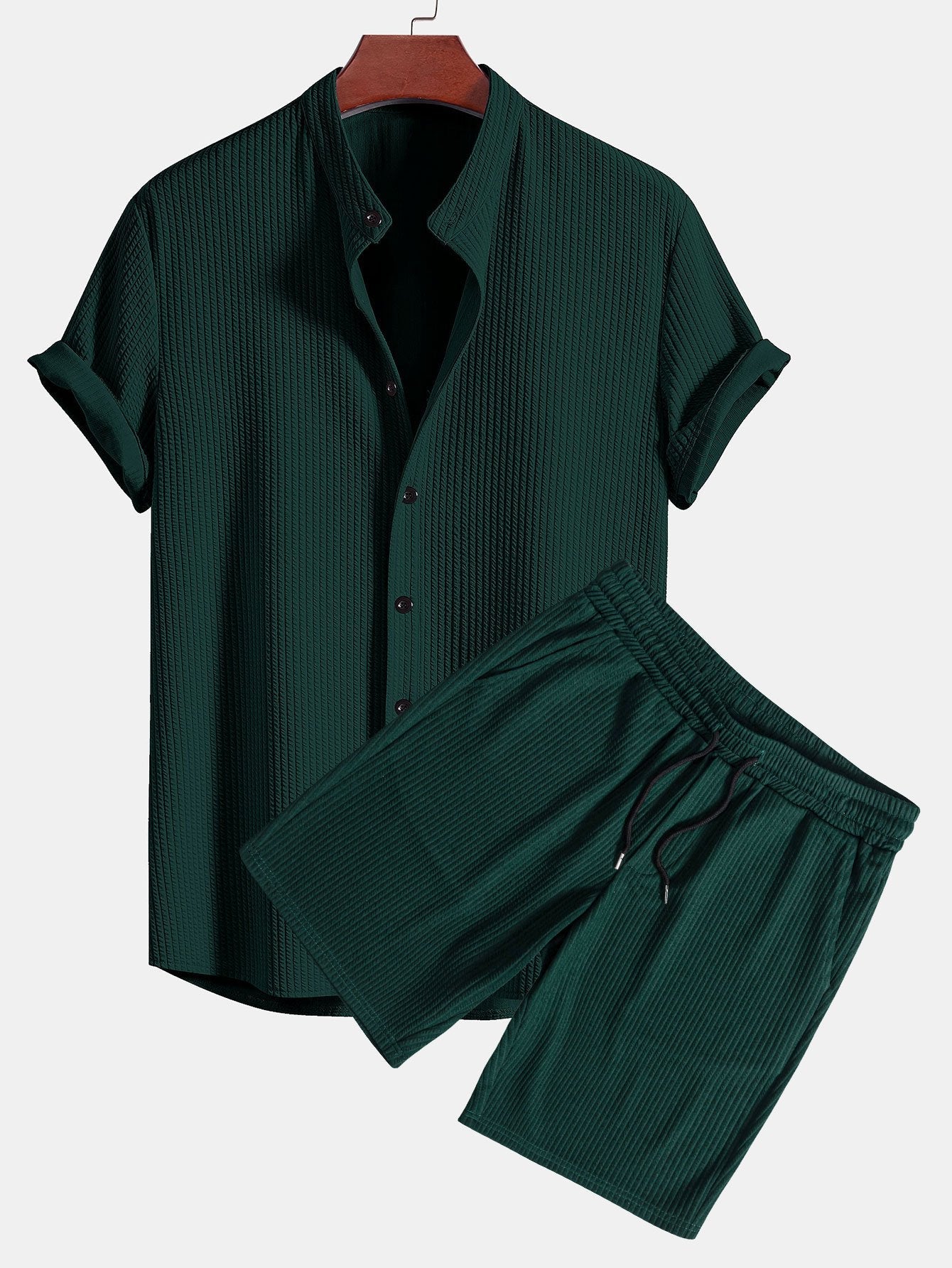 Muscle Fit Ribbed Collar Shirt & Shorts Set