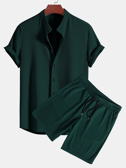 Muscle Fit Ribbed Collar Shirt & Shorts Set