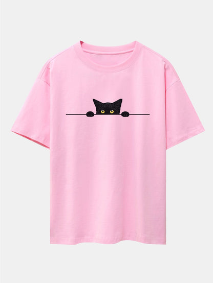 Oversized Drop Shoulder T-Shirt with Black Cat Print