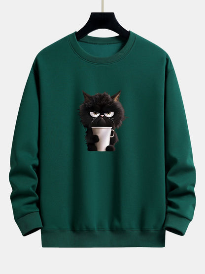 Relaxed Fit Sweatshirt mit Druck einer trinkenden schwarzen Katze
