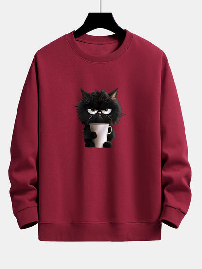 Relaxed Fit Sweatshirt mit Druck einer trinkenden schwarzen Katze