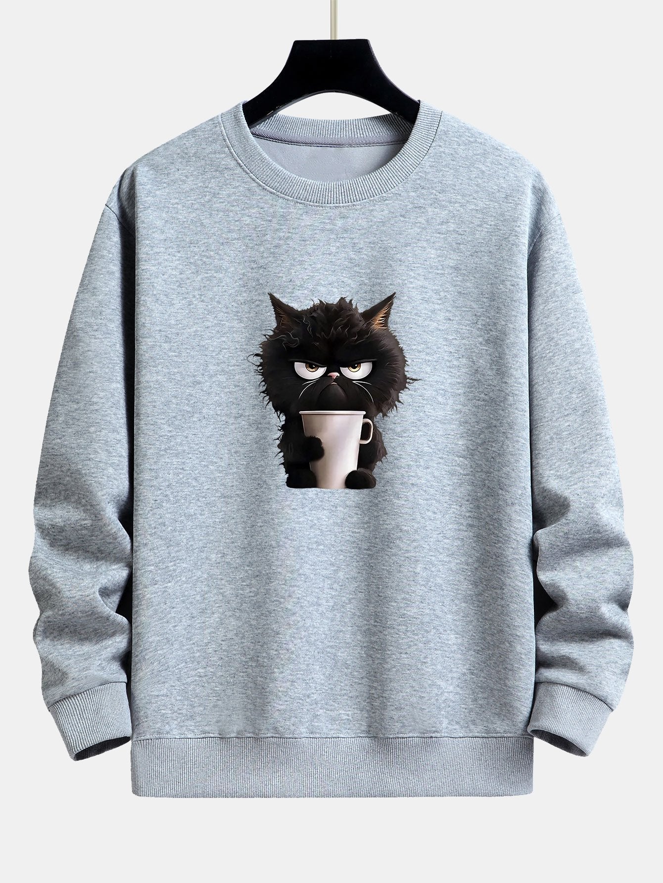 Relaxed Fit Sweatshirt mit Druck einer trinkenden schwarzen Katze