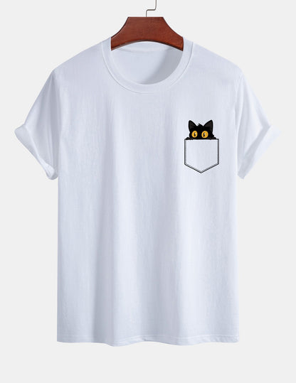 Schwarzes Baumwoll-T-Shirt mit regulärer Passform und Katzenmotiv