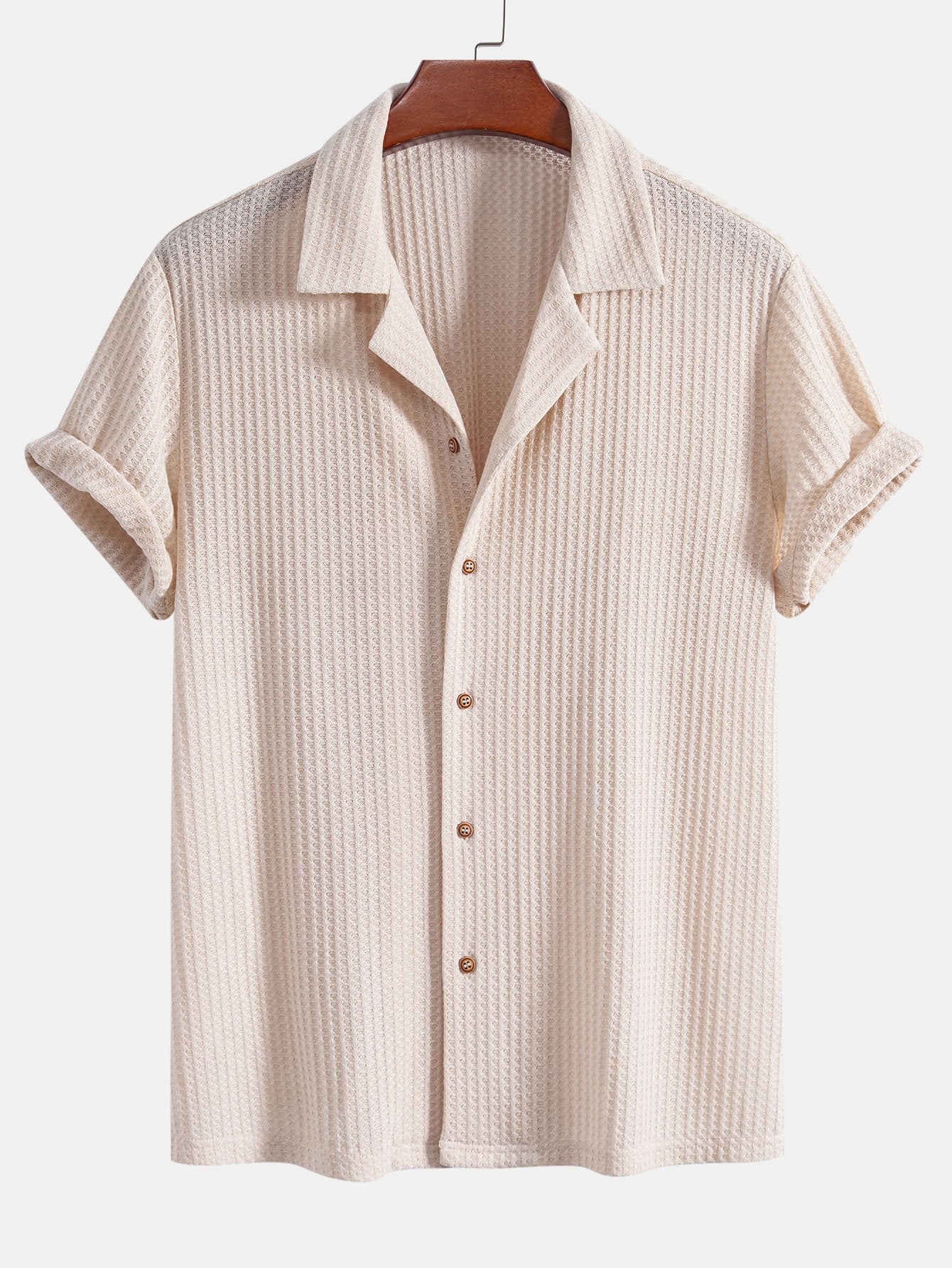 Kurzarm Waffelstrick-Cuban Shirt mit geraden Bein Leinenhose