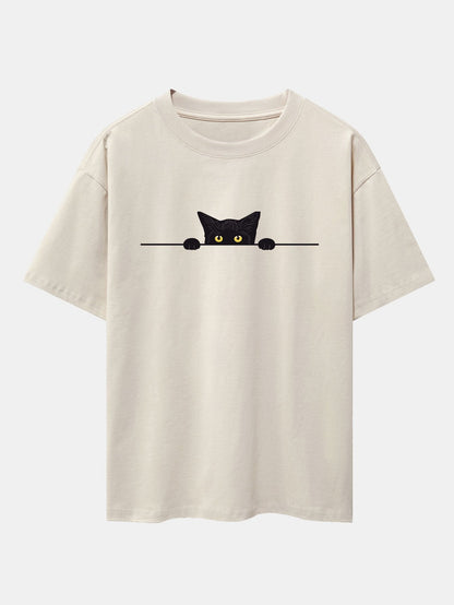 Oversized Drop Shoulder T-Shirt with Black Cat Print