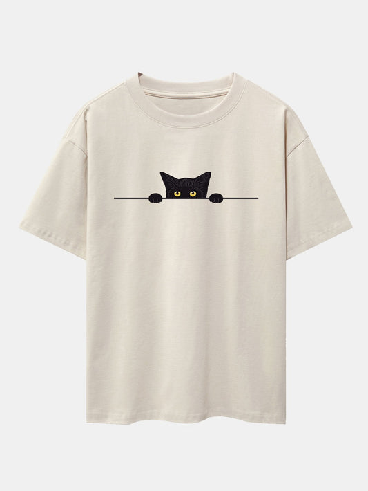 Oversized Drop Shoulder T-Shirt with Black Cat Print
