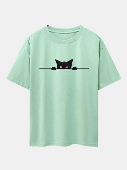Oversized Drop Shoulder T-Shirt with Black Cat Print