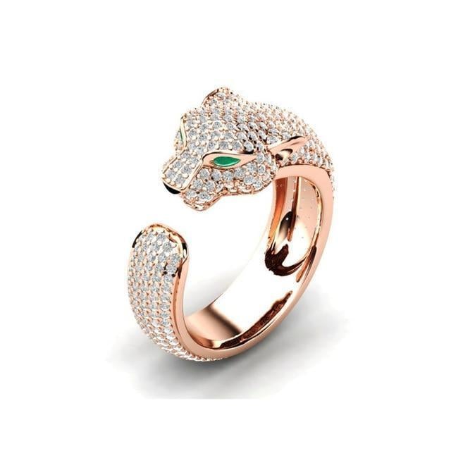 Verstellbarer Jaguar-Ring aus Silber und 18K Roségold mit grünen Zirkonia-Augen
