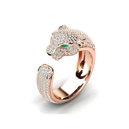 Verstellbarer Jaguar-Ring aus Silber und 18K Roségold mit grünen Zirkonia-Augen